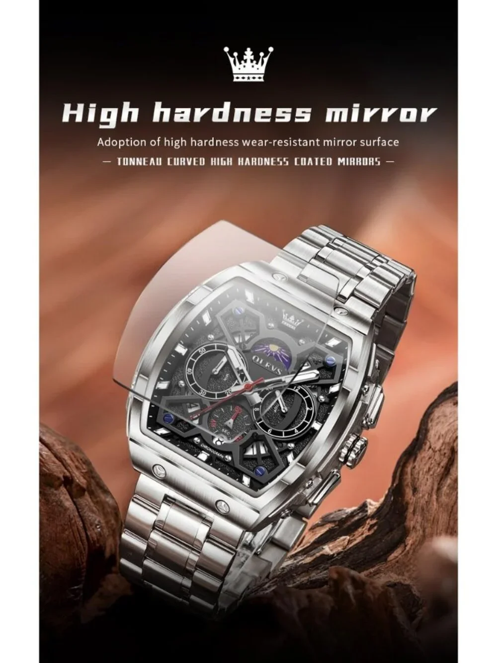 Men's Silver Black Chronograph Big Square Analog Stainless Steel Date Watch